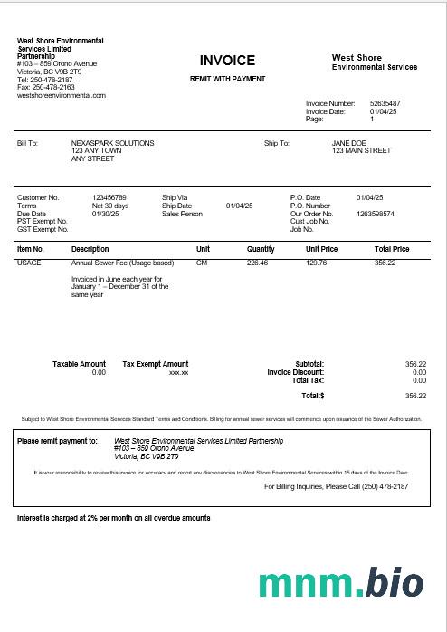 USA WEST SHORE rachunek za usługi komunalne Word i szablon PDF